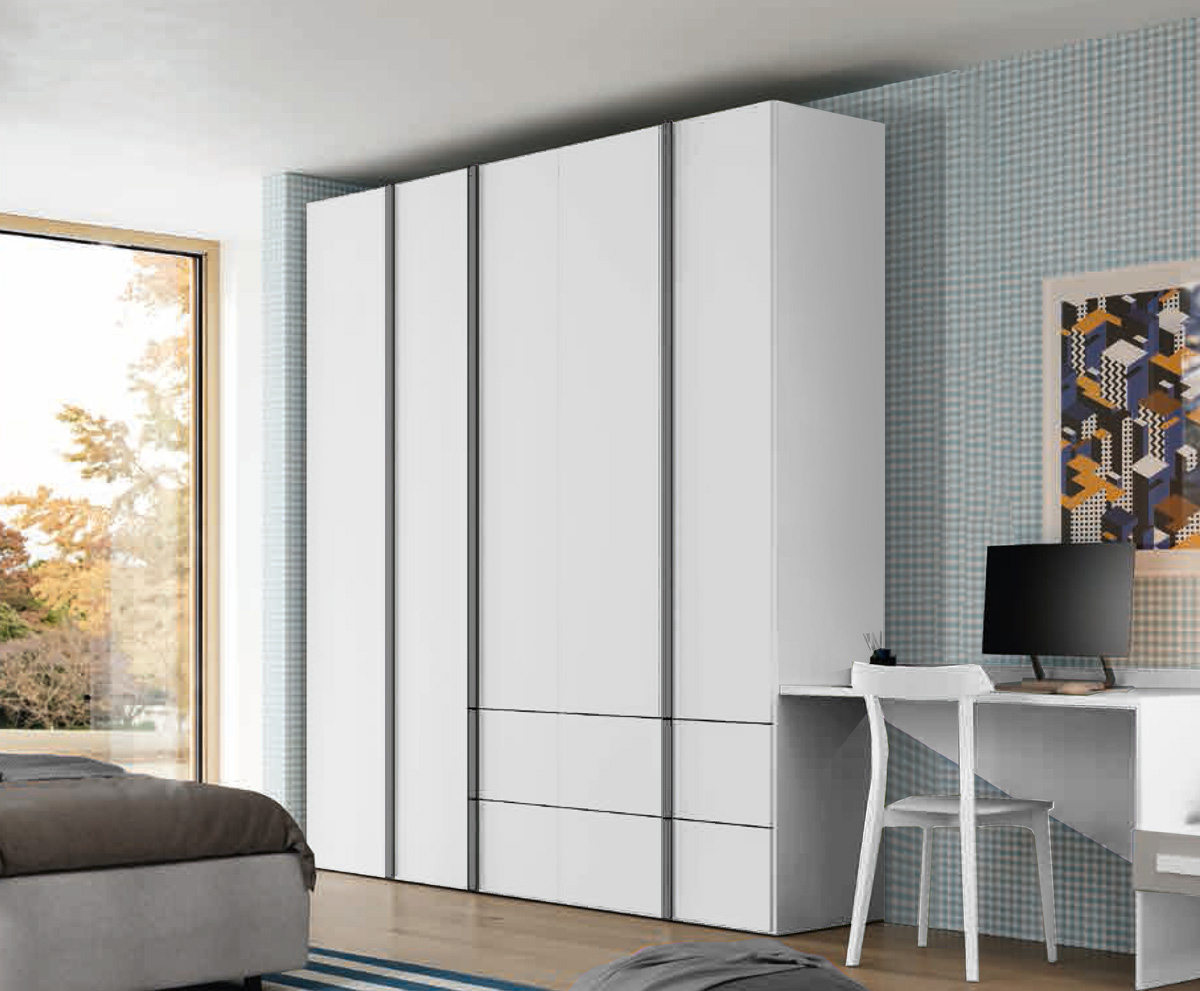 Armadio battente Bianco opaco, 5 ante e 4 cassetti