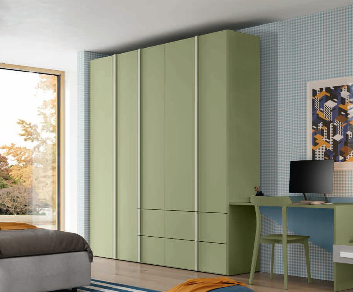 Armadio battente Verde Oliva e Grigio dorian, 5 ante 4 cassetti