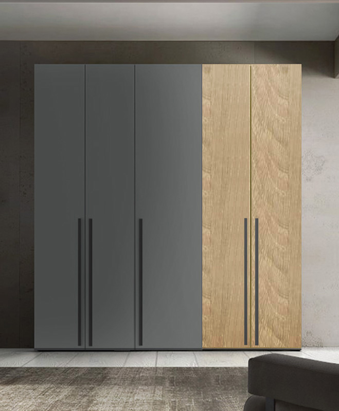 Armadio moderno L.241 H.225 a 5 ante battenti, finiture Royal Oak e Grigio Titanio