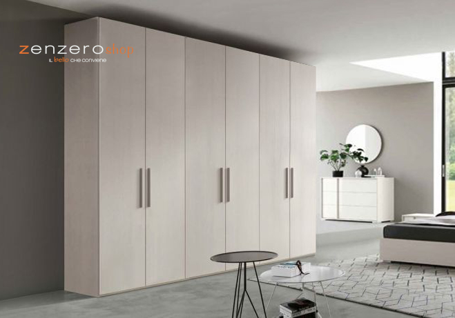 Armadio moderno 6 ante battenti, finitura larice bianco