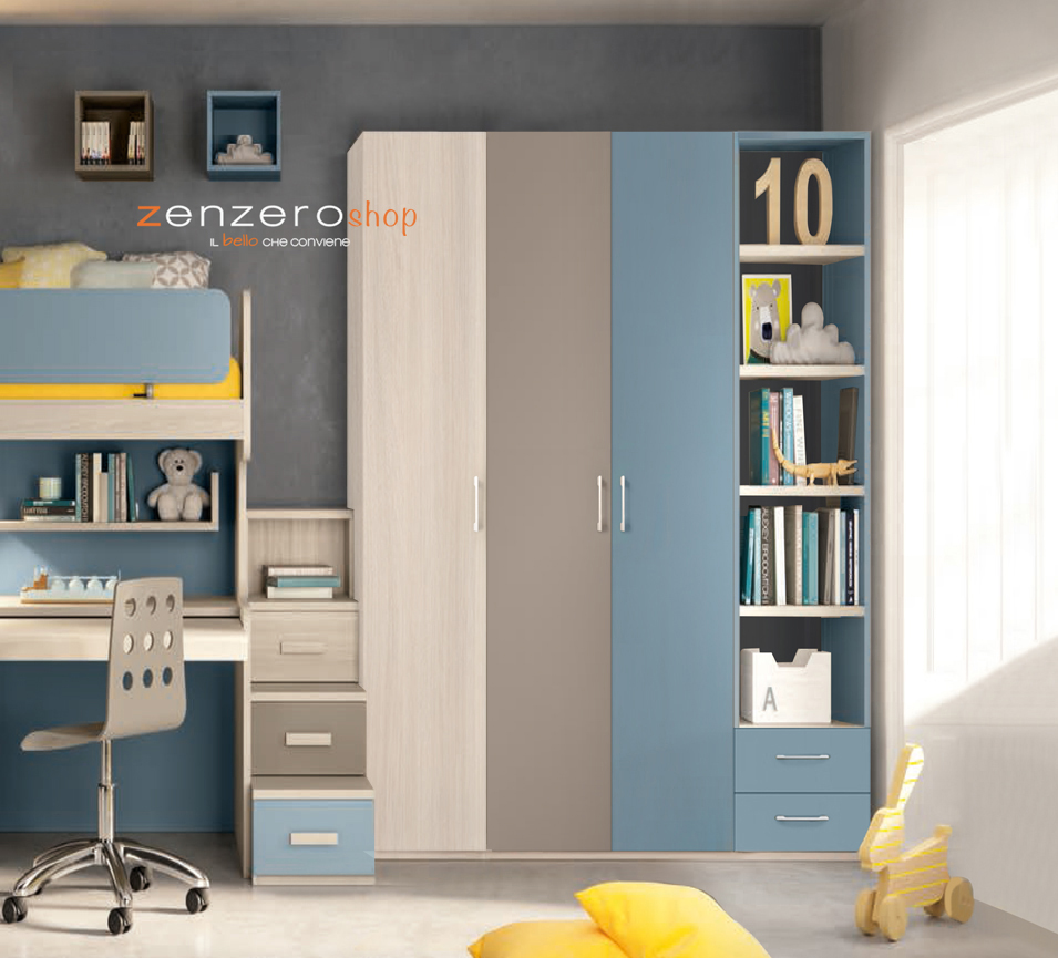 Armadio H.195 per camerette con 3 ante battenti e libreria in finitura LACCATO 