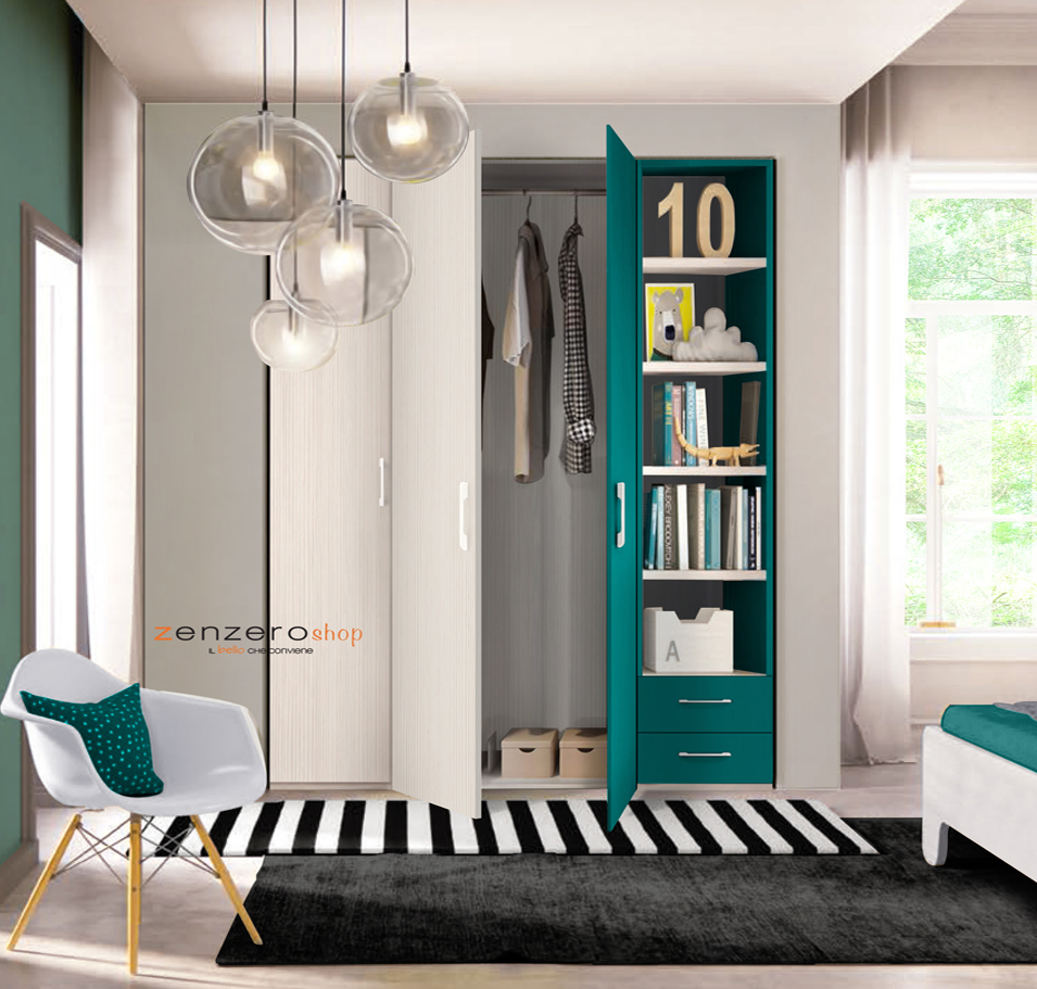 Armadio H.195 con 3 ante battenti, 2 cassetti e libreria in finitura Petrolio LACCATO e Larice