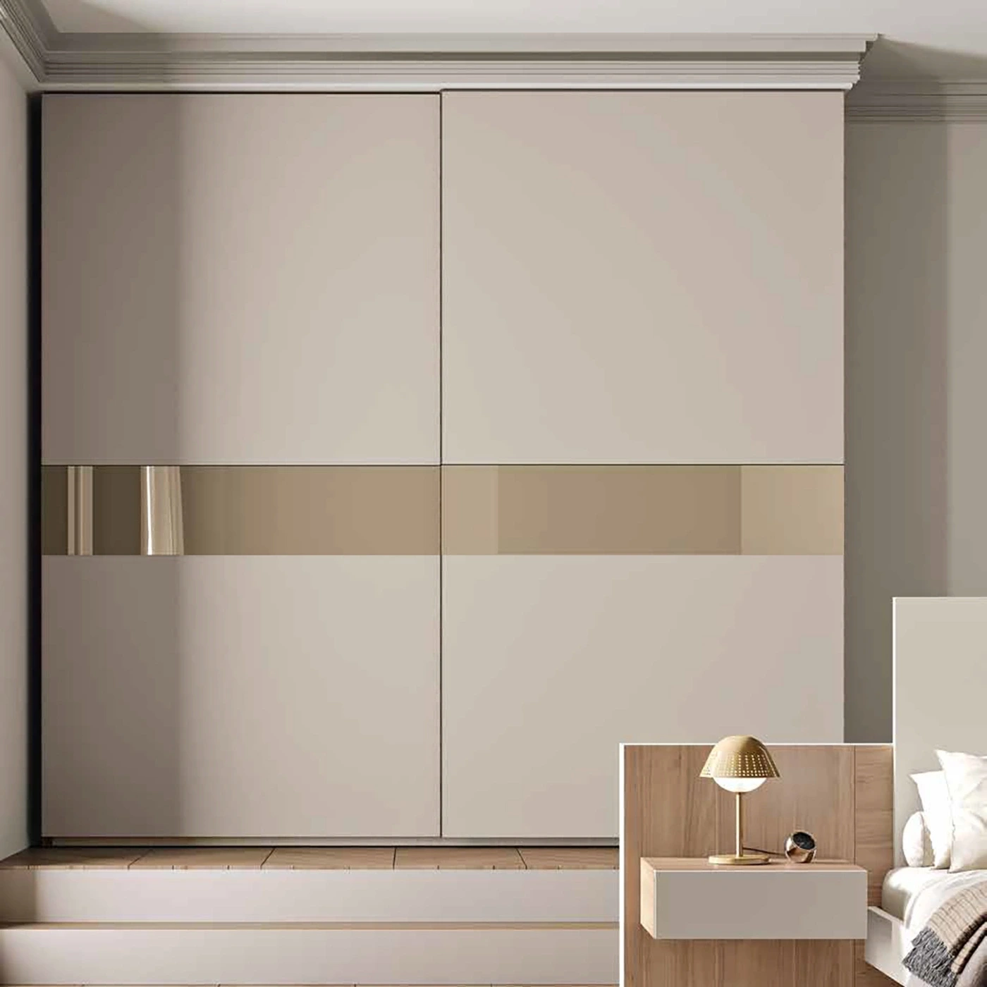 Armadio a 2 ante scorrevoli, Sequoia honey e Corda, con inserti in vetro Beige Zenzero Shop