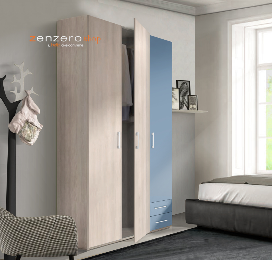 Armadio H.195 da cameretta con 3 ante battenti e 2 cassetti in finitura LACCATO