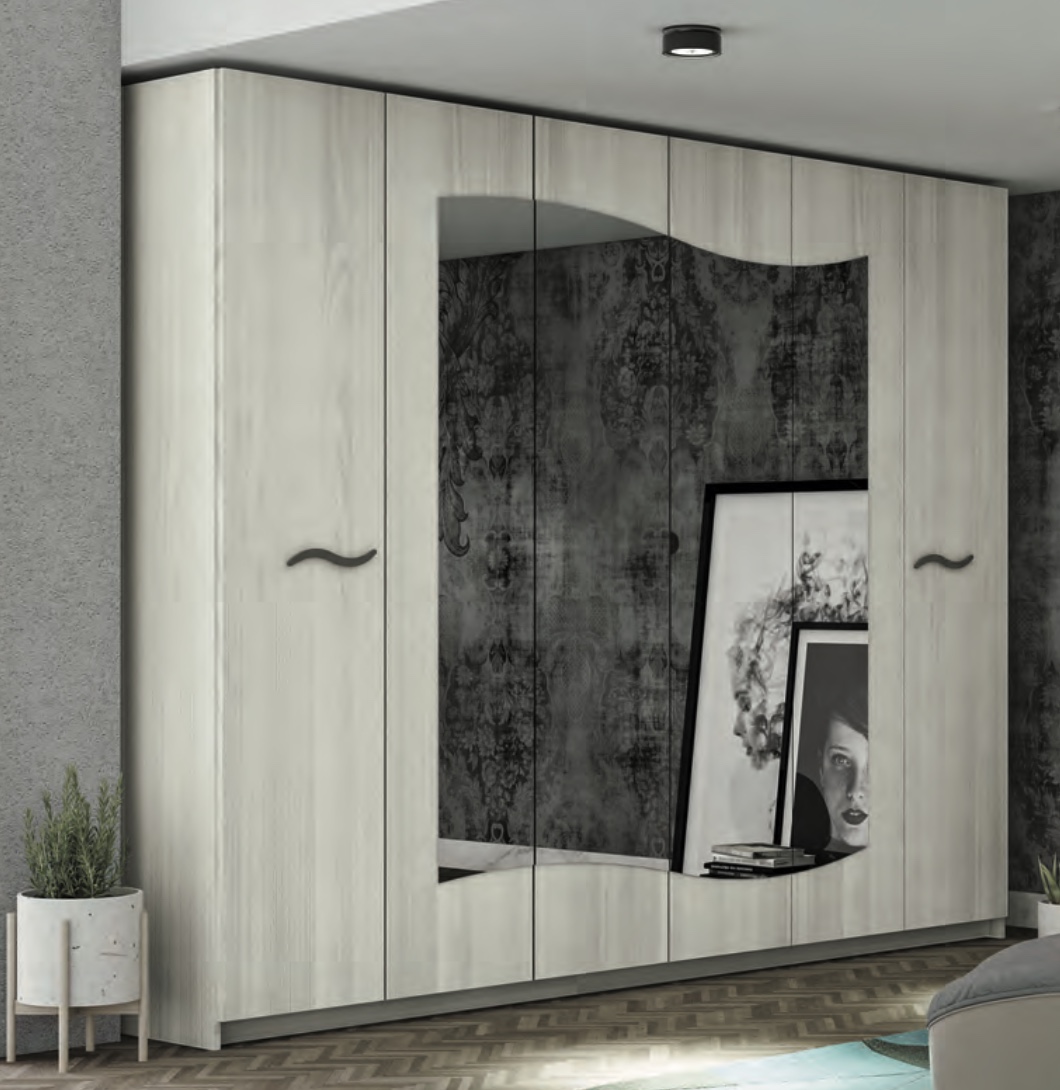 Armadio battente 6 ante con specchio sagomato, finitura Olmo Bianco