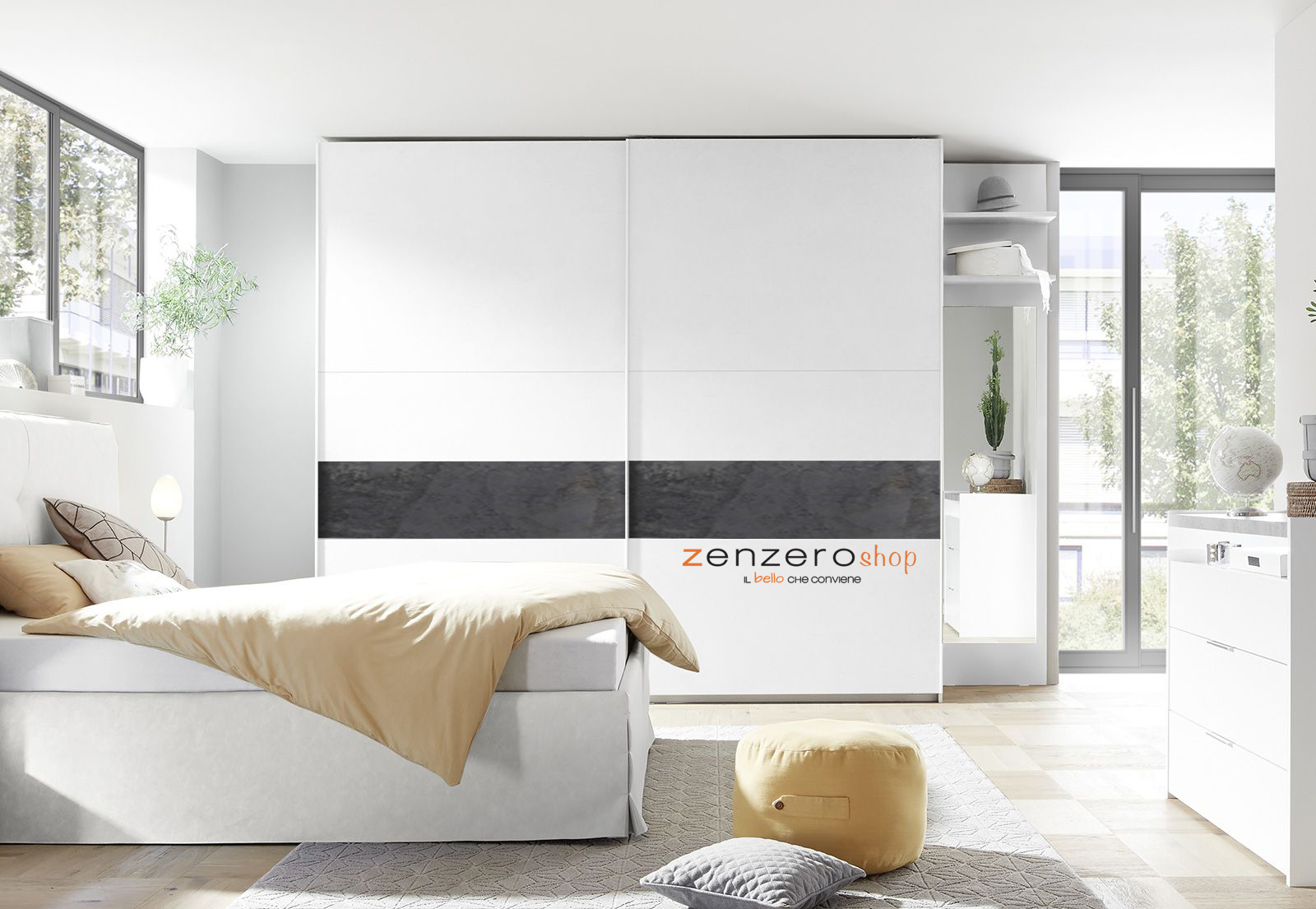 Camere matrimoniale con armadio Maxi L.275 H.248, Bianca Opaco e Ossido