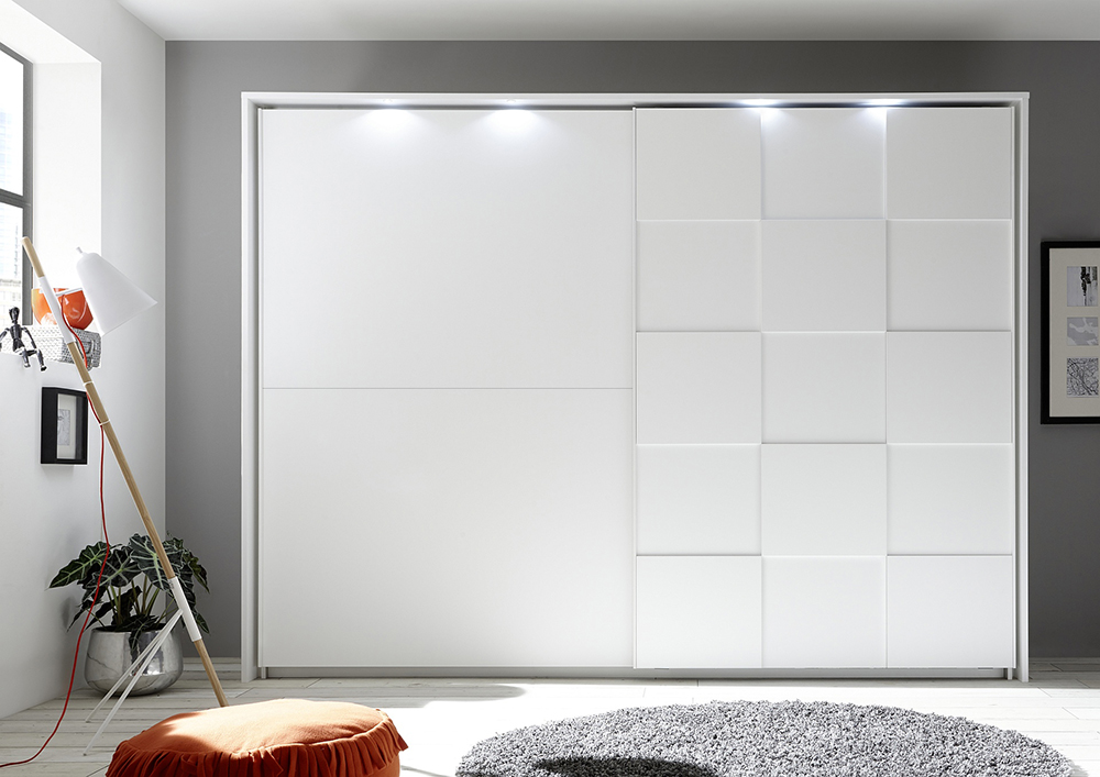 Armadio moderno 2 ante scorrevoli con forme geometriche, 275x210, bianco opaco