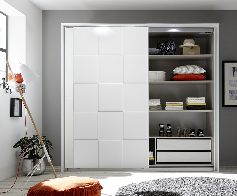 Armadio moderno 2 ante scorrevoli con forme geometriche, 220x210, bianco opaco