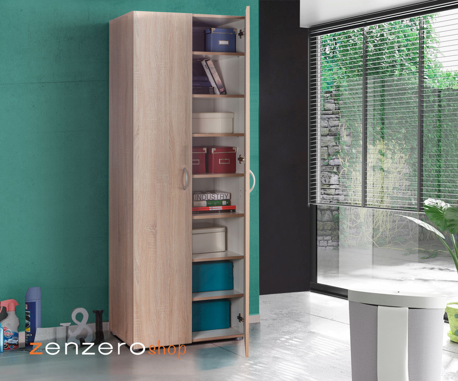 Armadio multiuso, 2 ante, 8 ripiani, rovere sonoma, made in Italy