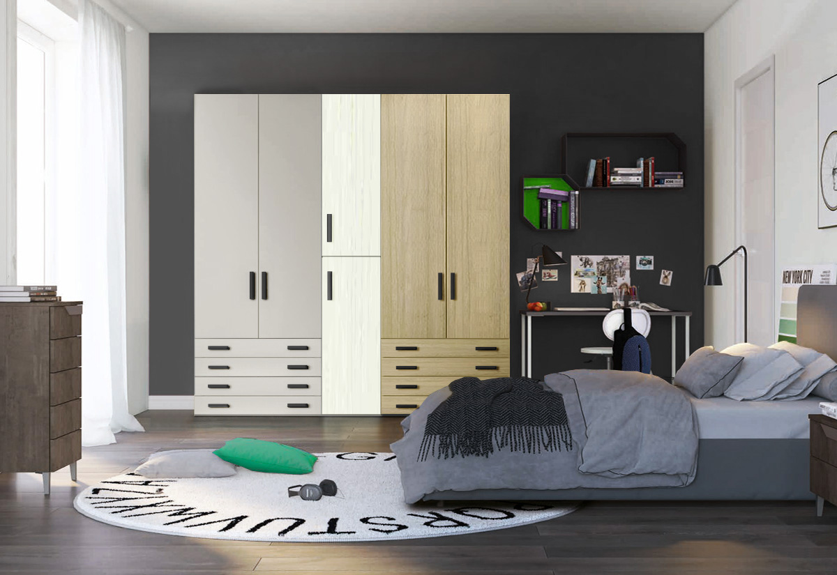 Armadio moderno L.226 a 6 ante e 8 cassetti H.257, finiture Rovere bianco, Royal Oak e Grigio Dorian