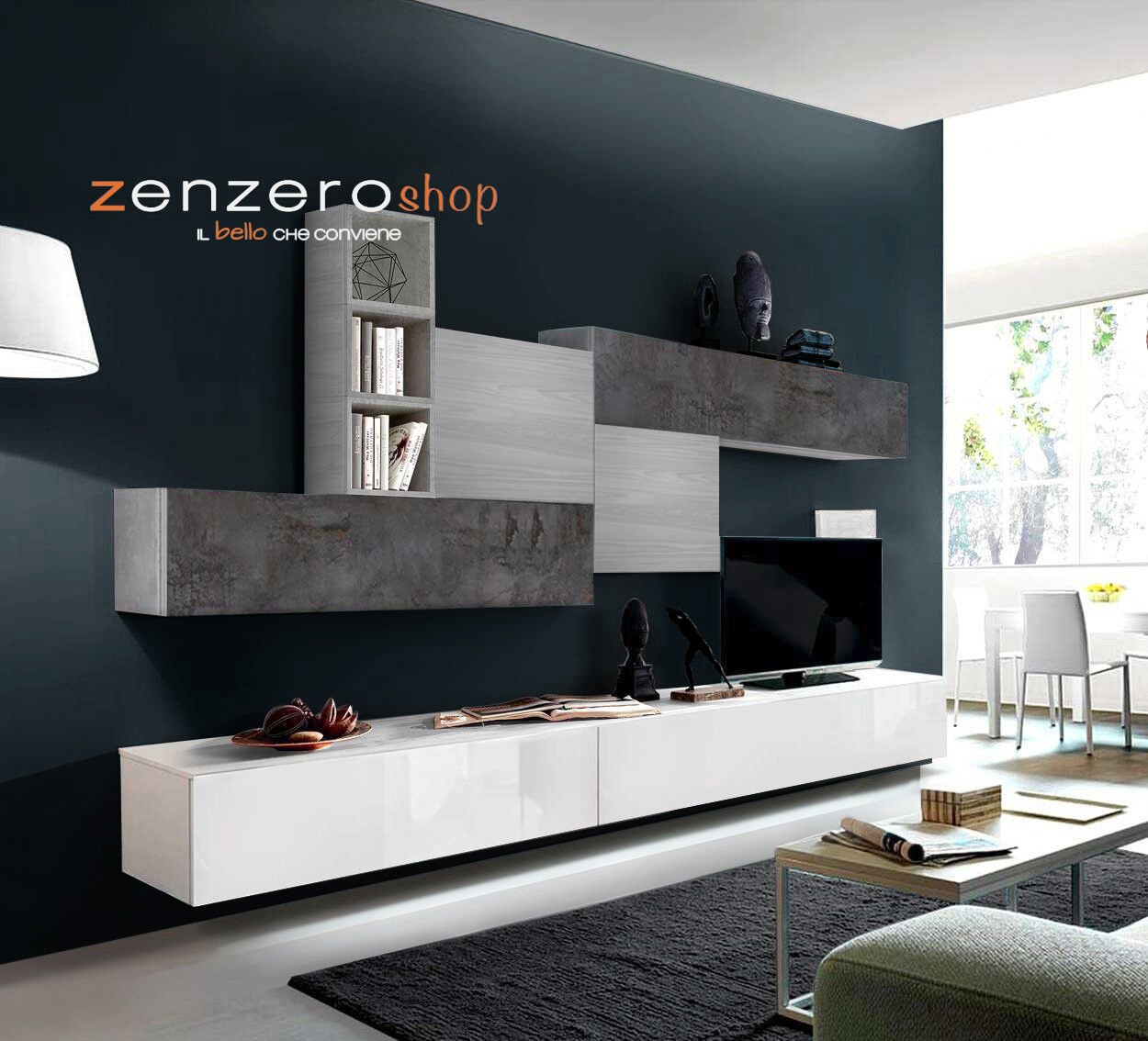 Parete attrezzata con basi tv, pensili vasistas e ribalta, Ossido, composizione libera Zenzero Shop