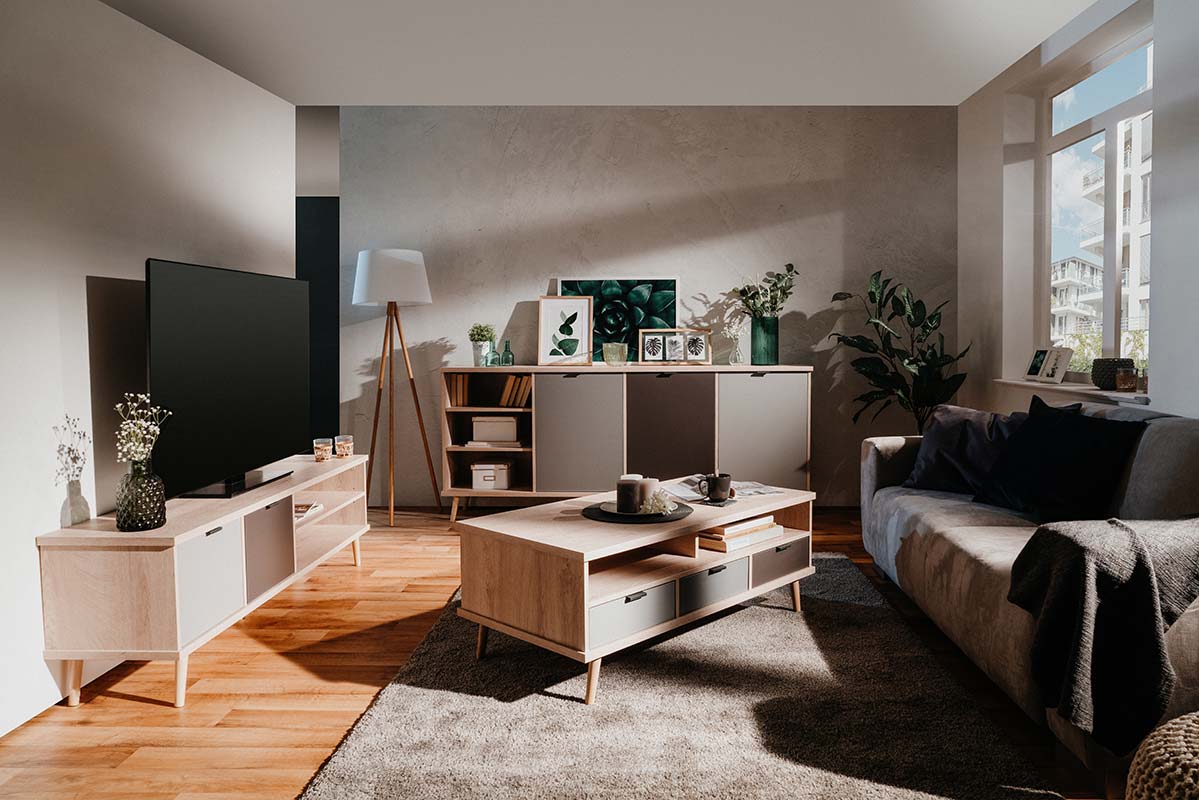 Soggiorno Rosvik in finitura Grigio Seta, Grigio Perla e Antracite