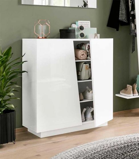 Composizione d'ingresso, Madia, Appendiabiti e Scarpiera, finitura Bianco Lucido