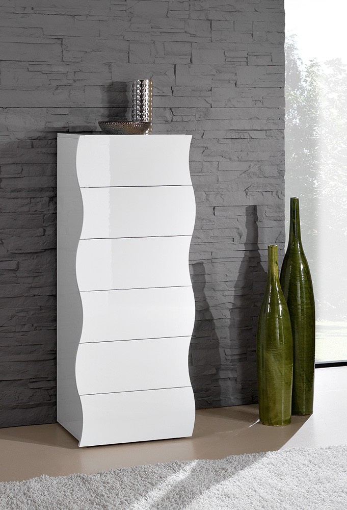 Settimino bianco laccato lucido con cassetti sagomati, linea onda
