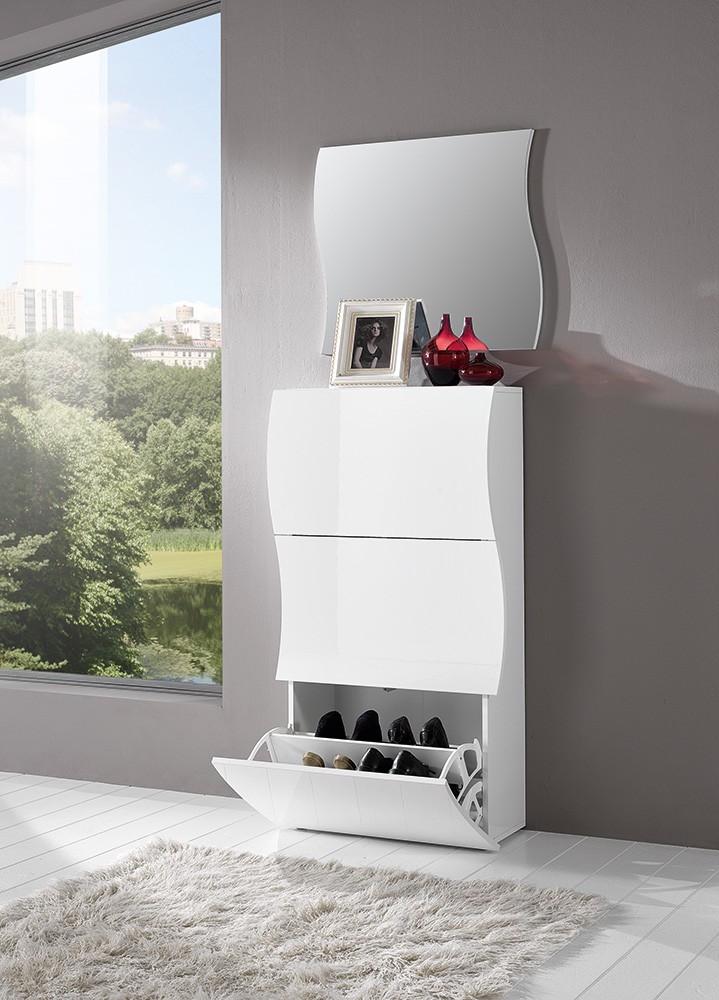 Scarpiera a 3 ante sagomate bianco laccato lucido, linea onda