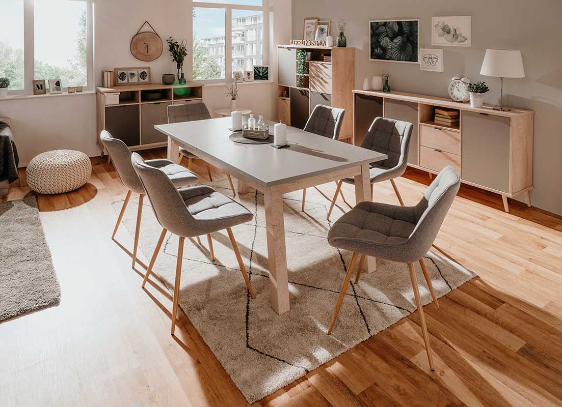 Soggiorno completo Rosvik in finitura Grigio Seta, Grigio Perla e Antracite