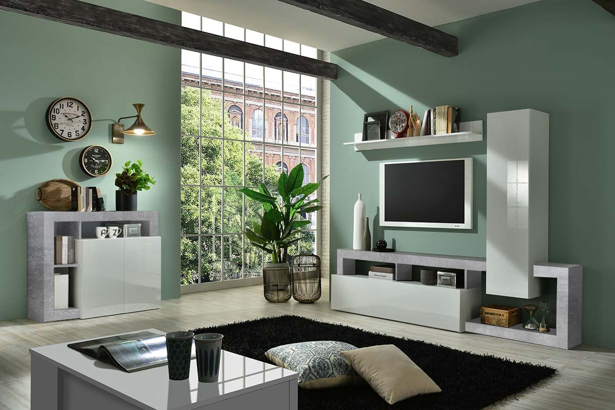 Soggiorno moderno di design composto da parete attrezzata e madia a 2 ante in finitura bianco e Cemento