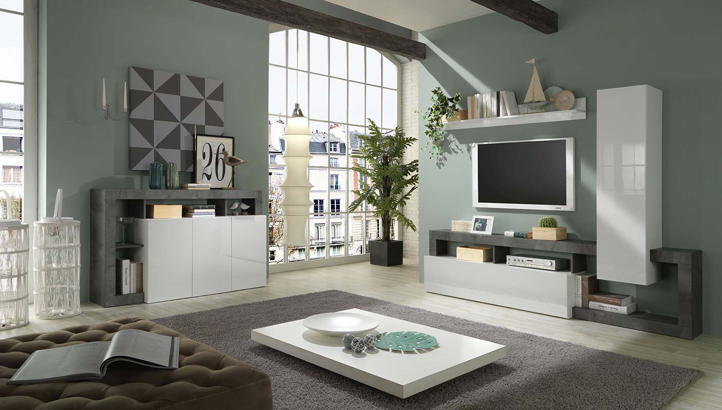 Soggiorno moderno composto da parete attrezzata e madia a 3 ante in finitura bianco e ossido