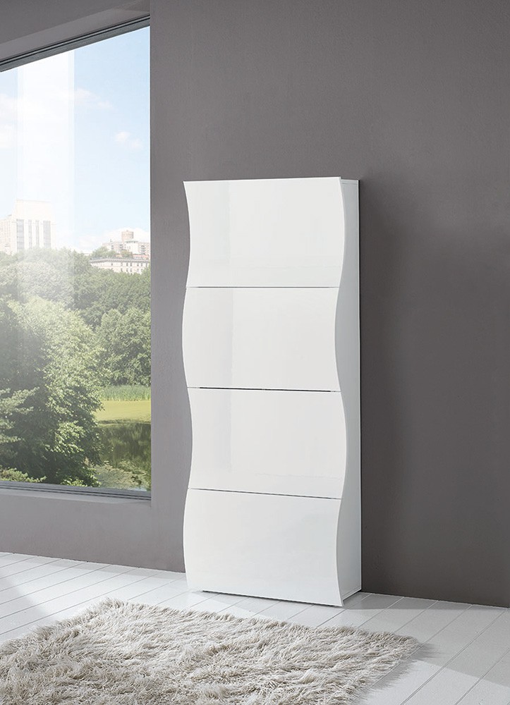 Scarpiera a 4 ante sagomate bianco laccato lucido, linea onda