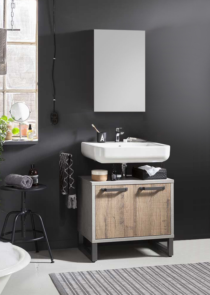 Sottolavello con 2 ante in finitura Cemento e Rovere invecchiato 