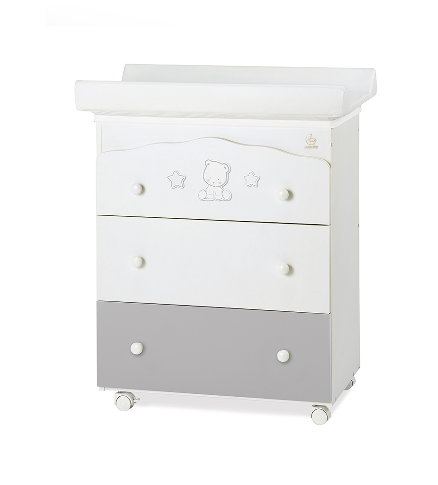 Culla moderna Teddy con ruote, finitura Grigio con decori in tinta