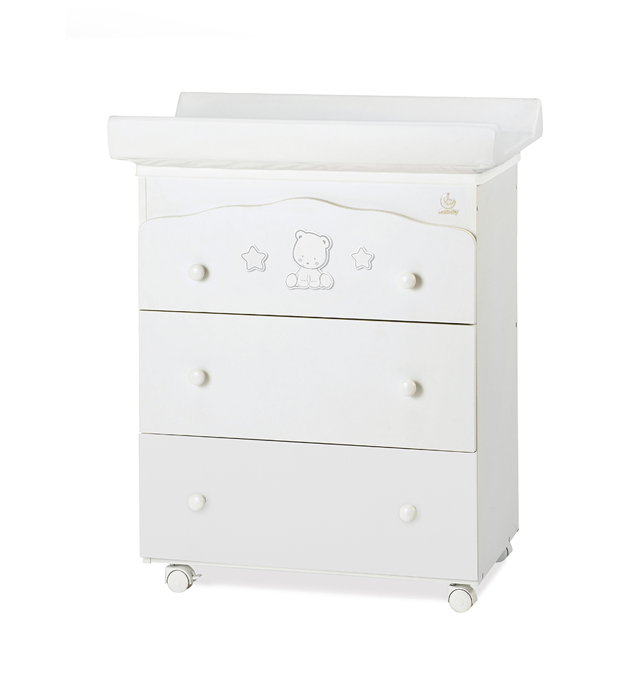 Culla moderna Teddy con ruote, bianca con decori Tortora