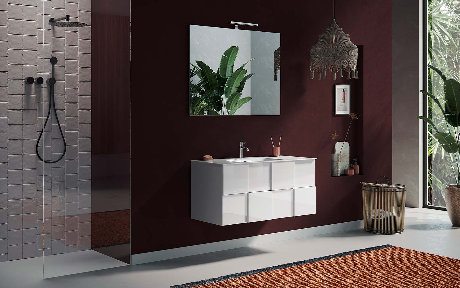 Mobile da bagno L.101, bianco lucido sospeso a 2 cassetti