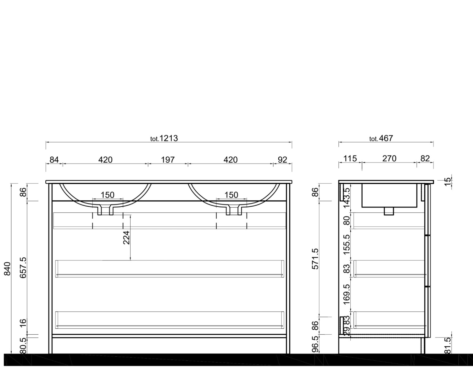 Mobile da bagno 3 cassetti, finitura Mercure Made in Italy