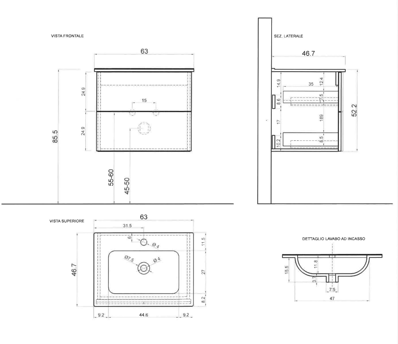 Mobiletto da bagno L.63, bianco lucido sospeso a 2 cassetti black friday