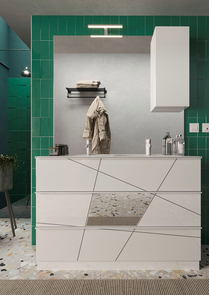 Mobile bagno a terra, 3 cassetti con doppio lavabo, bianco con inserti specchio