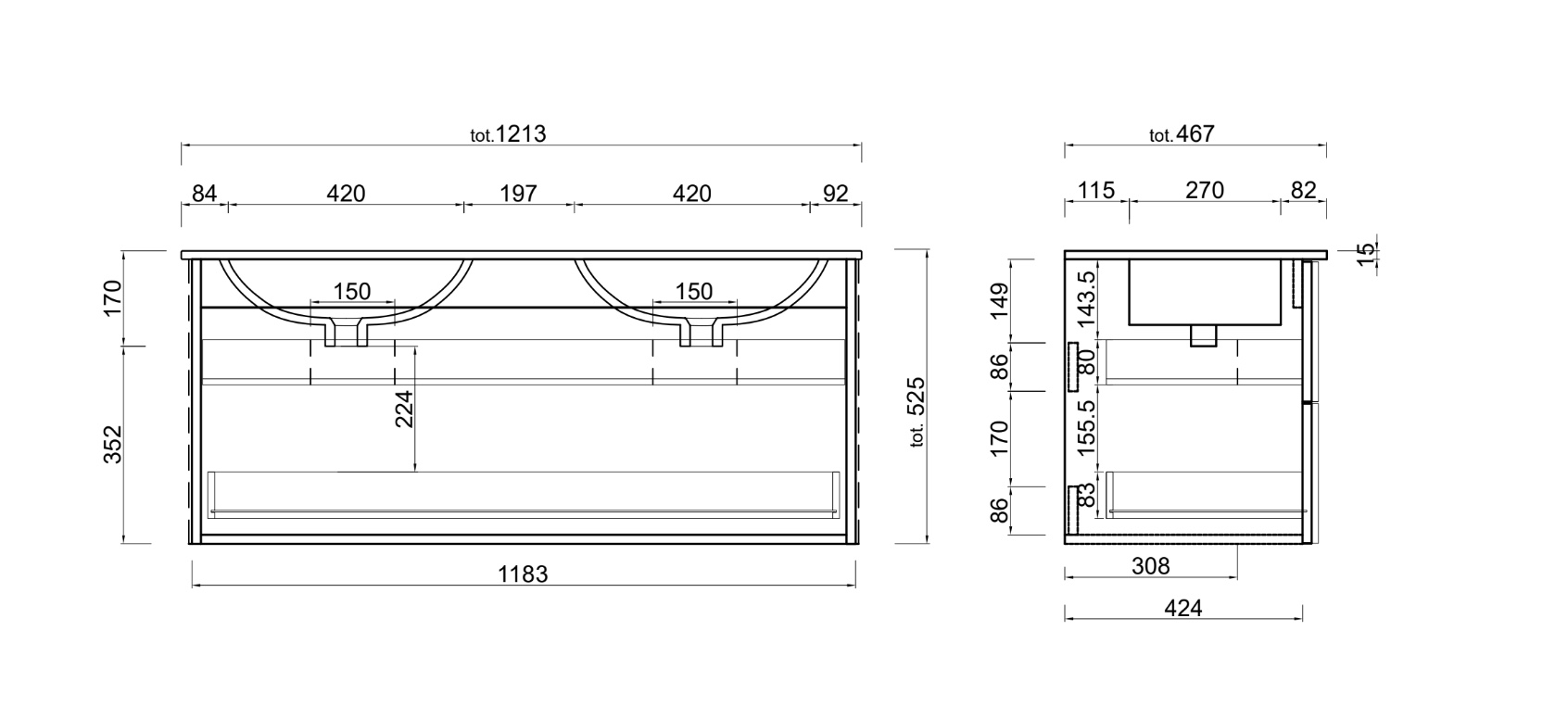 Mobile da bagno sospeso con doppio lavabo, finitura Mercure