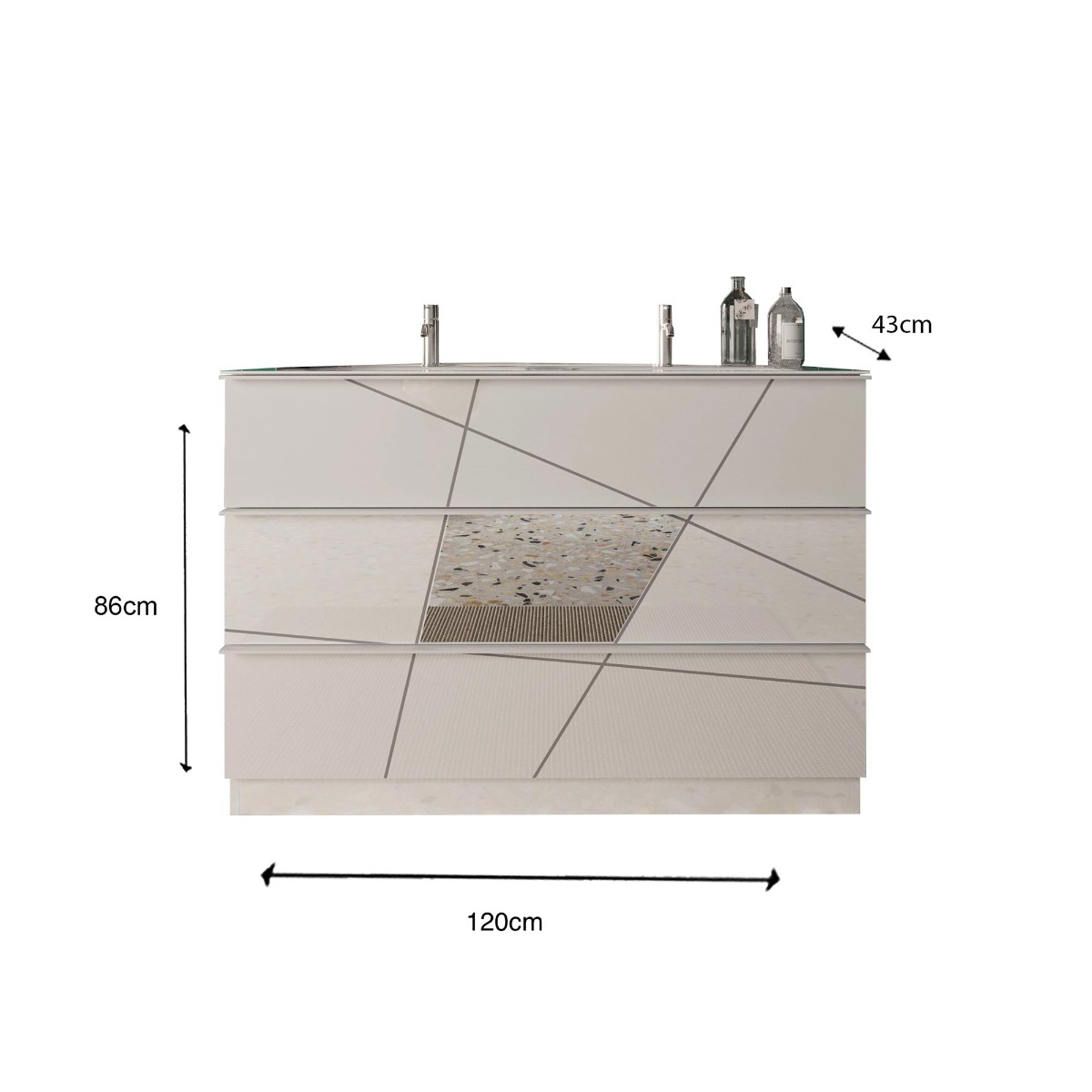 Mobile bagno a terra, 3 cassetti con doppio lavabo, bianco con inserti specchio