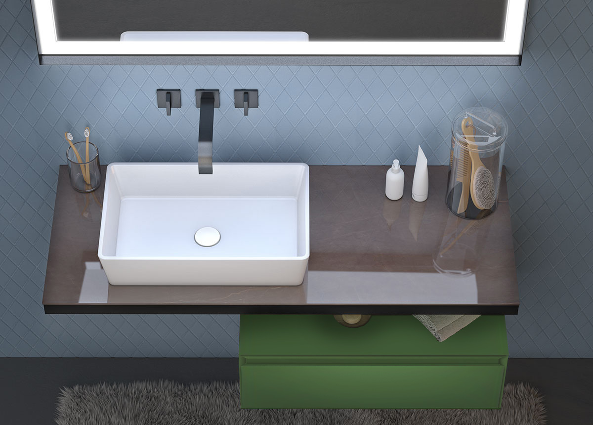 Mobile bagno con lavabo in appoggio, finitura Nero e Verde Reseda