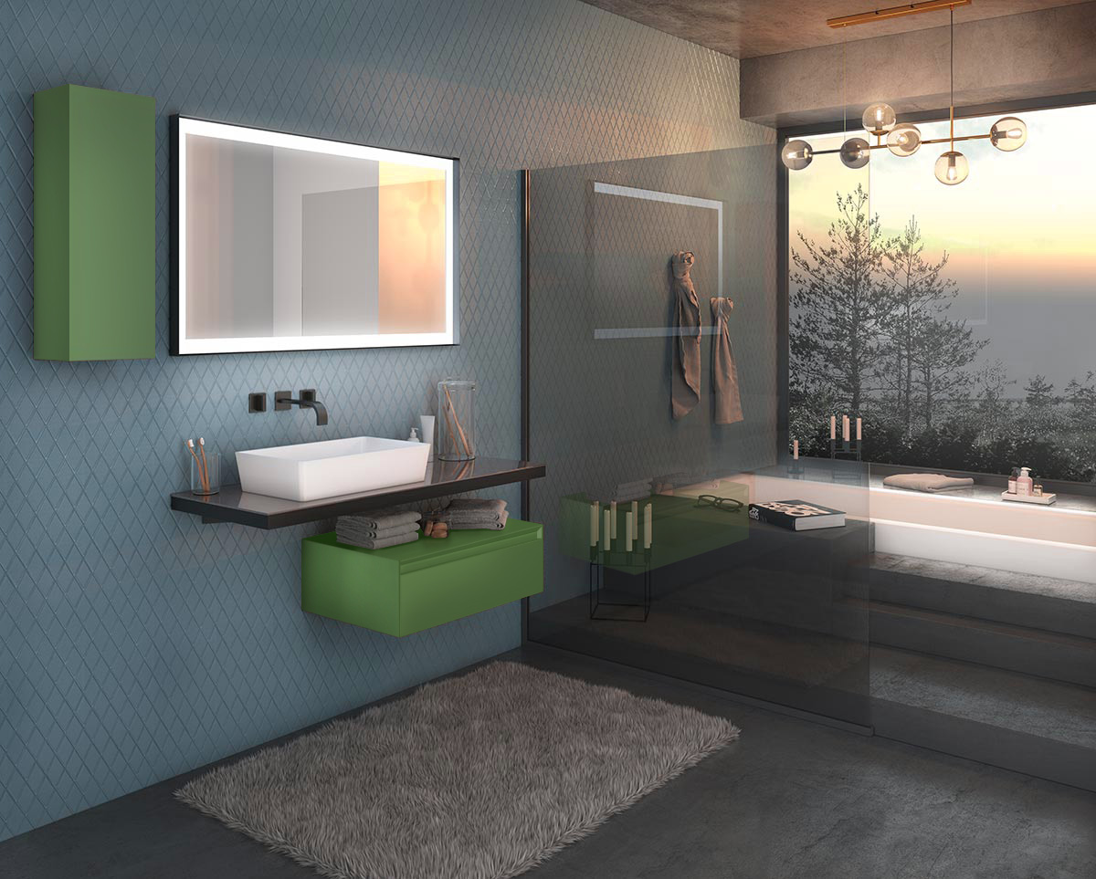 Mobile bagno con lavabo in appoggio, finitura Nero e Verde Reseda