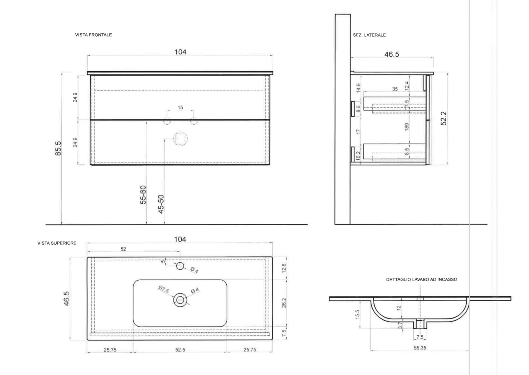 Mobile da bagno L.101, bianco lucido sospeso a 2 cassetti