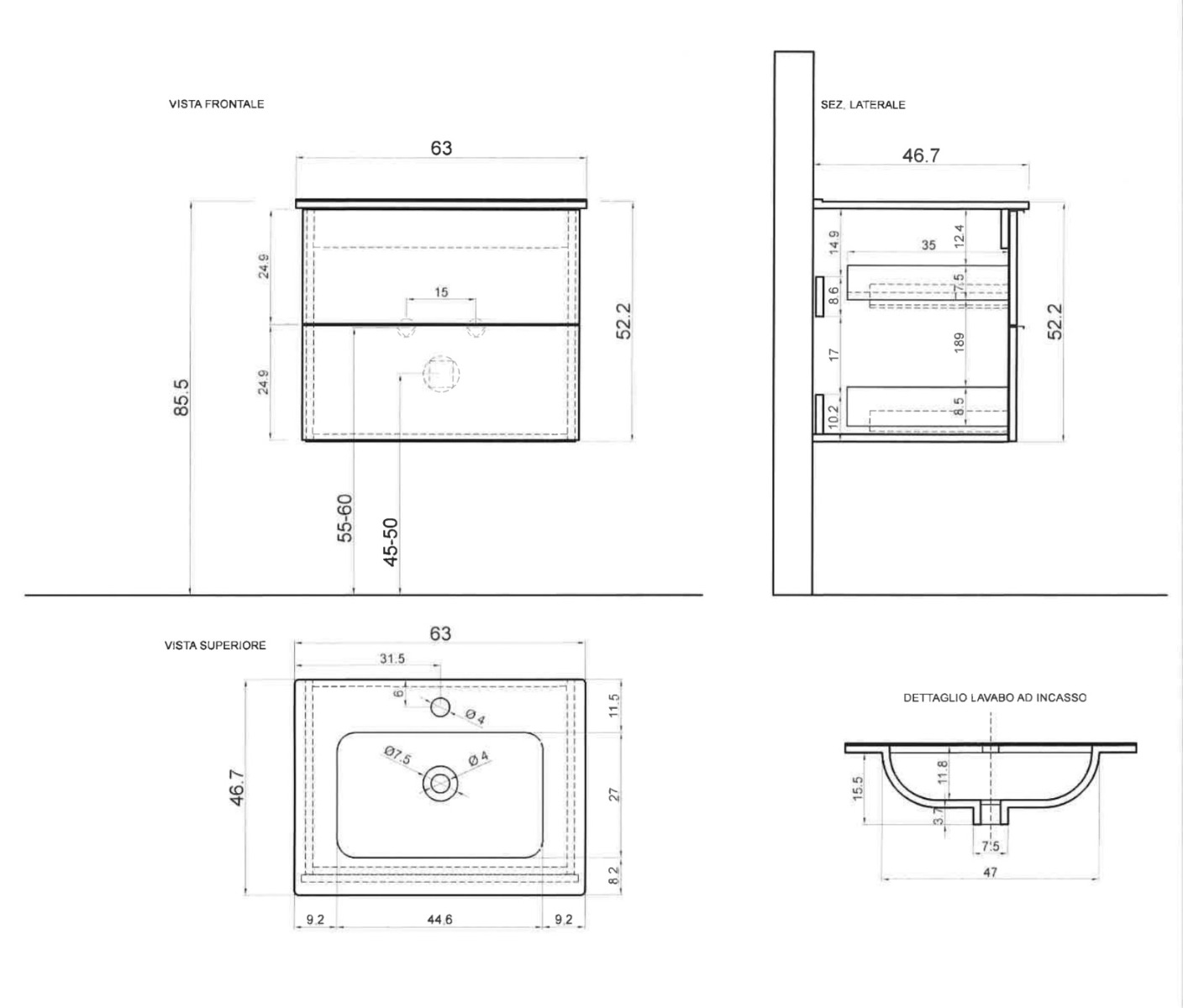 Mobile da bagno sospeso con 2 cassetti L.63 cm bianco lucido, in offerta 