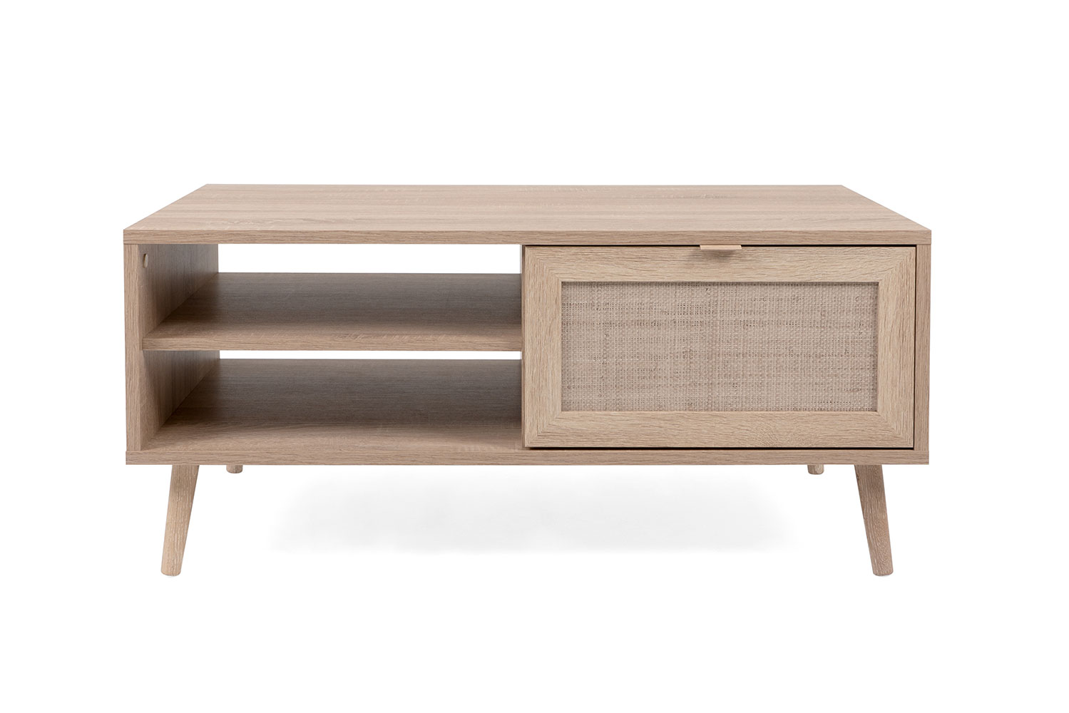 Tavolino Kara con 1 anta e un ripiano in finitura Quercia e Rafia