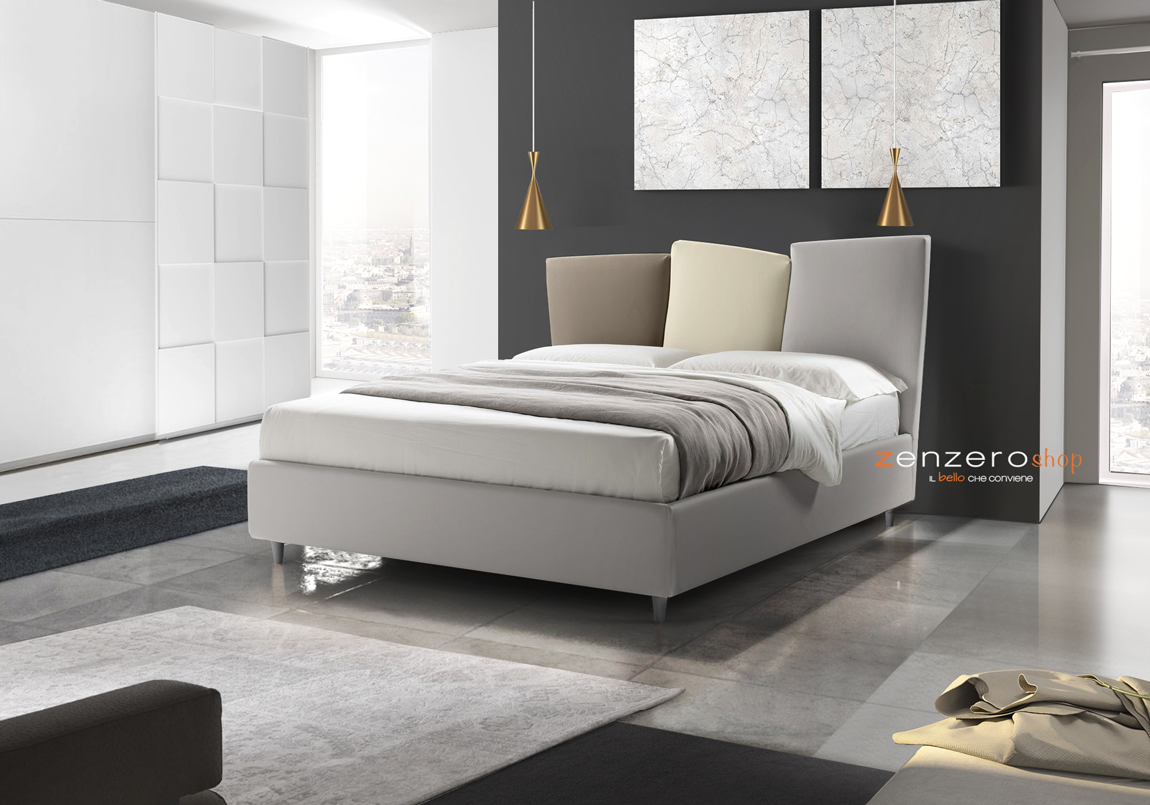 Letto matrimoniale Alkes in ecopelle in finitura grigio seta, bianco panna e tortora