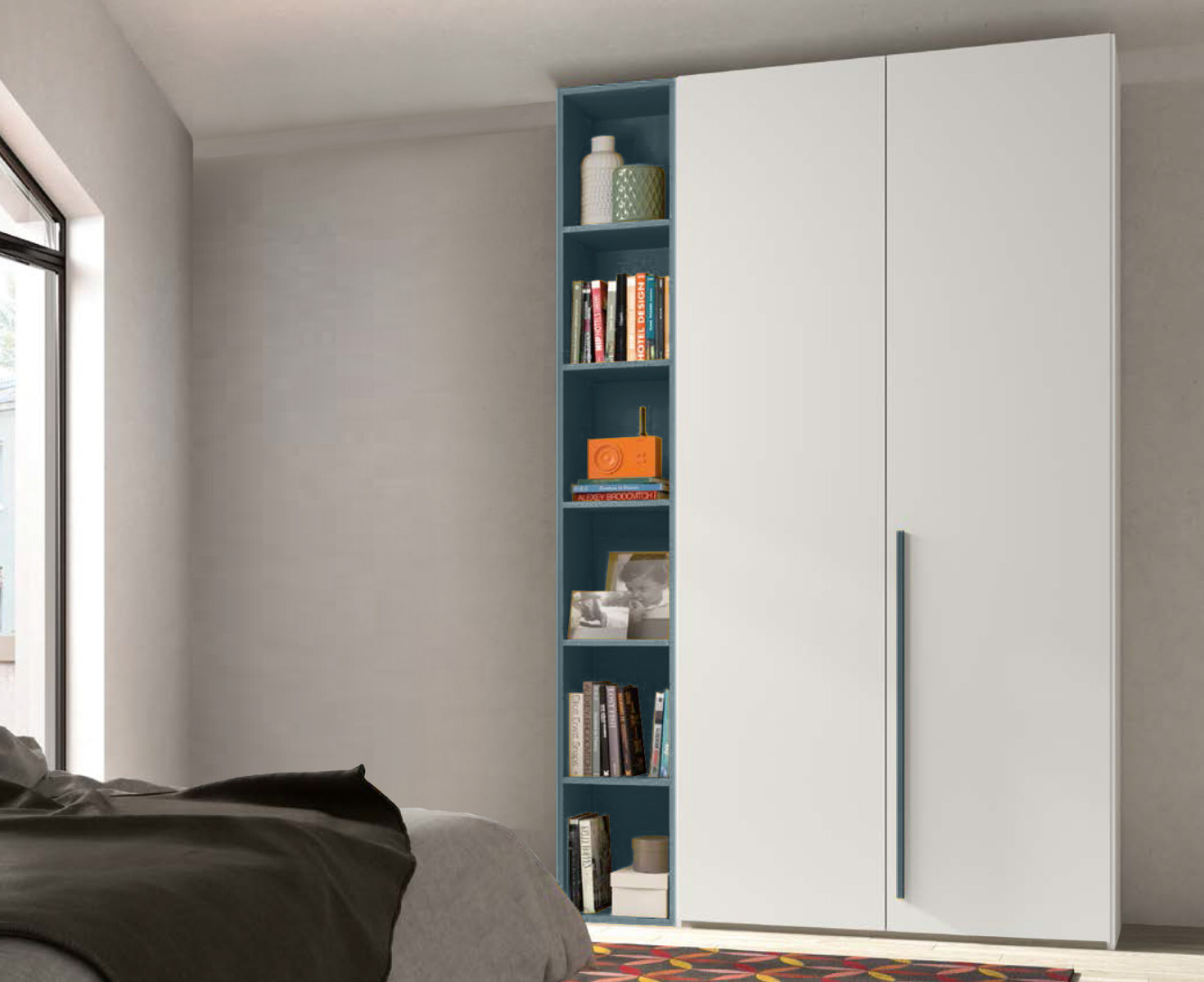 Armadio 2 ante battenti, finitura Bianco Opaco e Petrolio