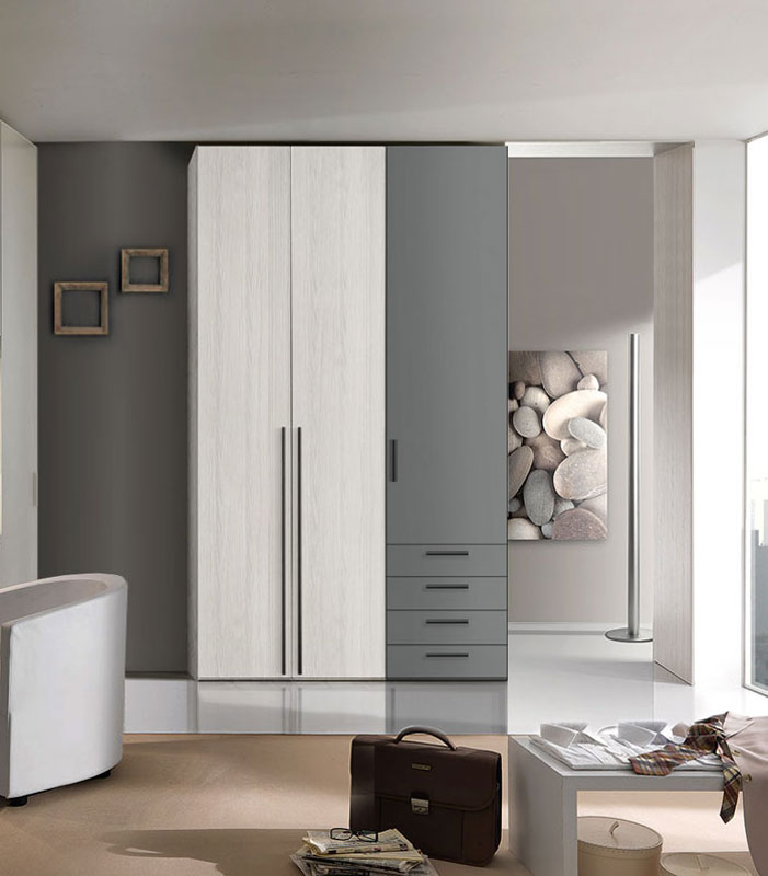 Armadio moderno L.151 a 3 ante e 4 cassetti H.257, finitura Grigio Titanio e Rovere bianco