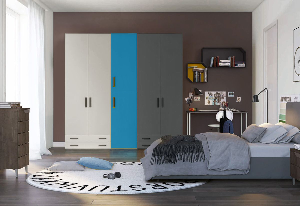 Armadio moderno L.241 a 6 ante e 4 cassetti H.225 finiture Grigio Dorian, Cadaques e Grigio Titanio