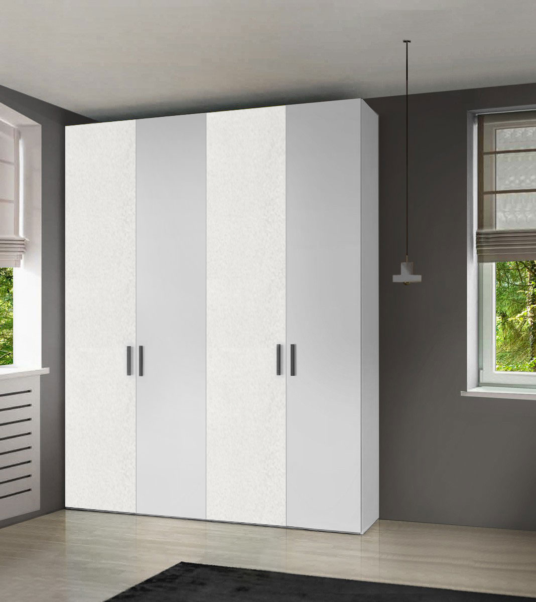 Armadio moderno L.181 a 4 ante battenti H.257 color Bianco Opaco e Cemento Artico