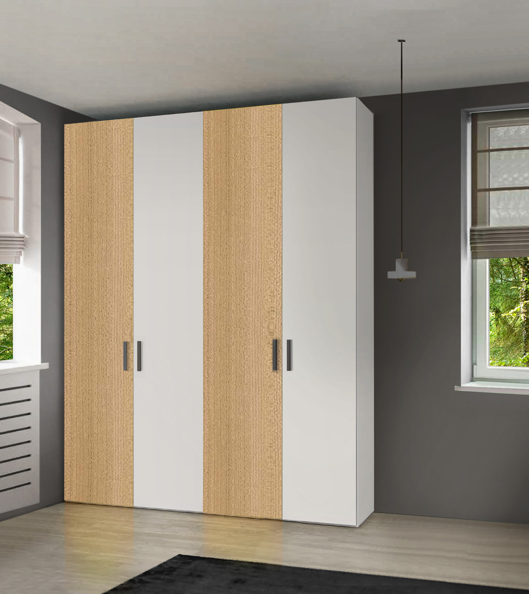 Armadio moderno L.181 a 4 ante battenti H.225 color Royal Oak e Bianco Opaco