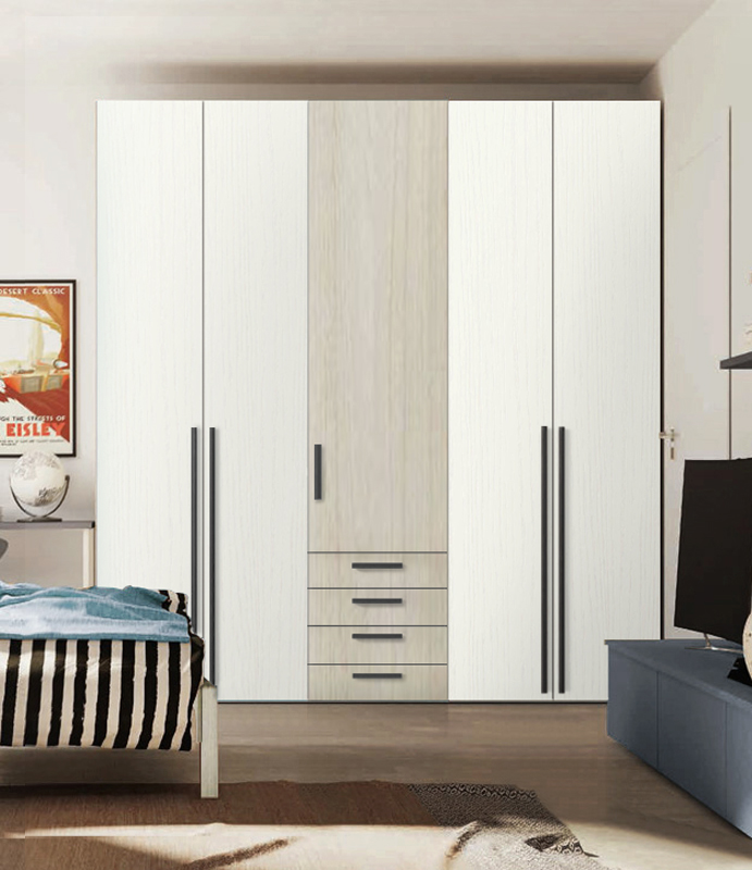 Armadio moderno L.241 a 5 ante e 4 cassetti H.257, finiture Rovere bianco e Noce brina