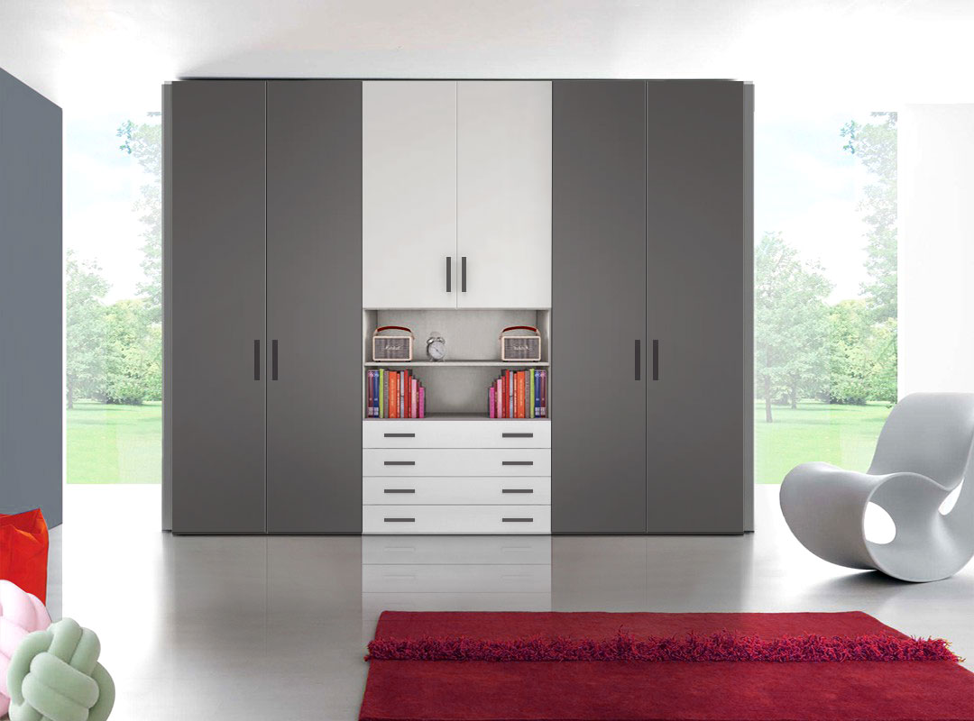 Armadio moderno L.271 a 6 ante e 4 cassetti H.257, finiture Bianco Opaco e Grigio Titanio