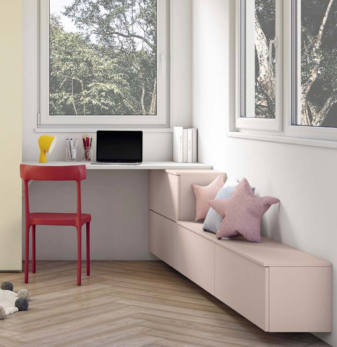 Scrivania con elementi sospesi per cameretta, finitura Bianco opaco e Cipria
