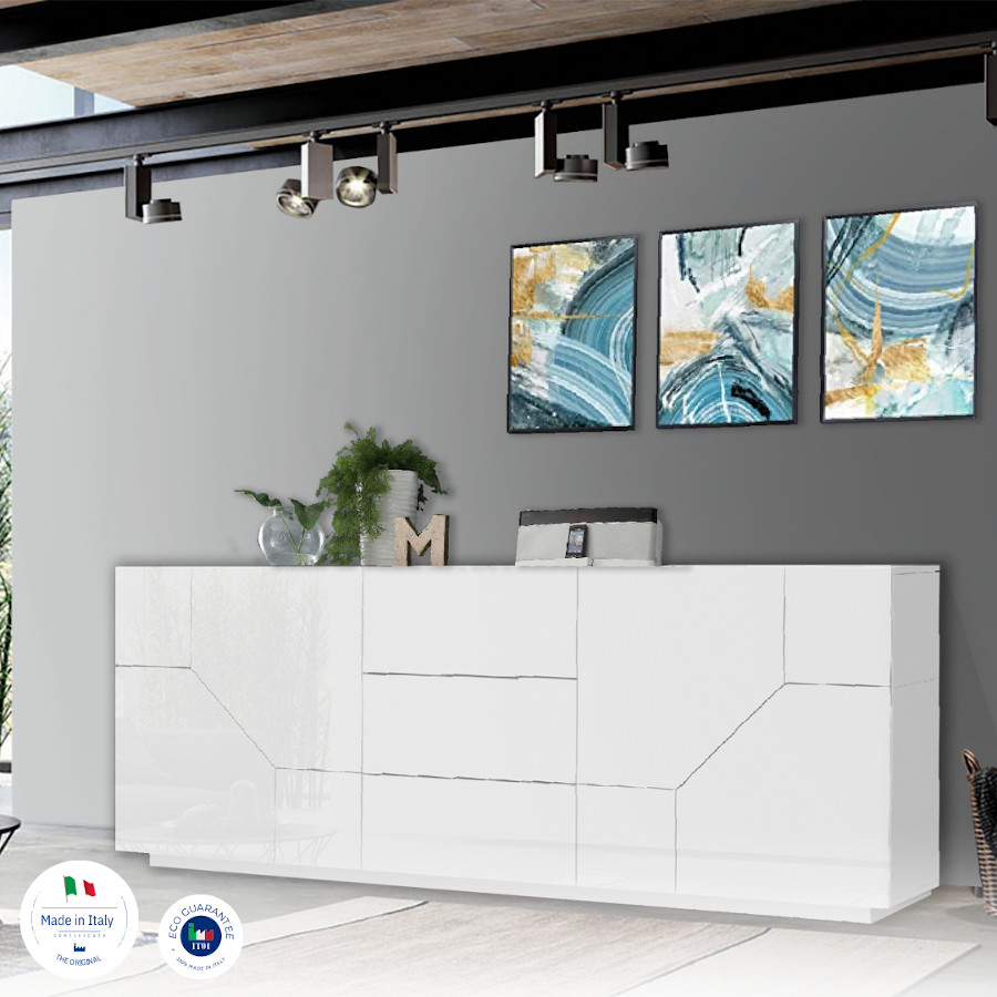 Credenza geometrica moderna e di design 4 ante e 3 cassetti, Bianco laccato lucido 