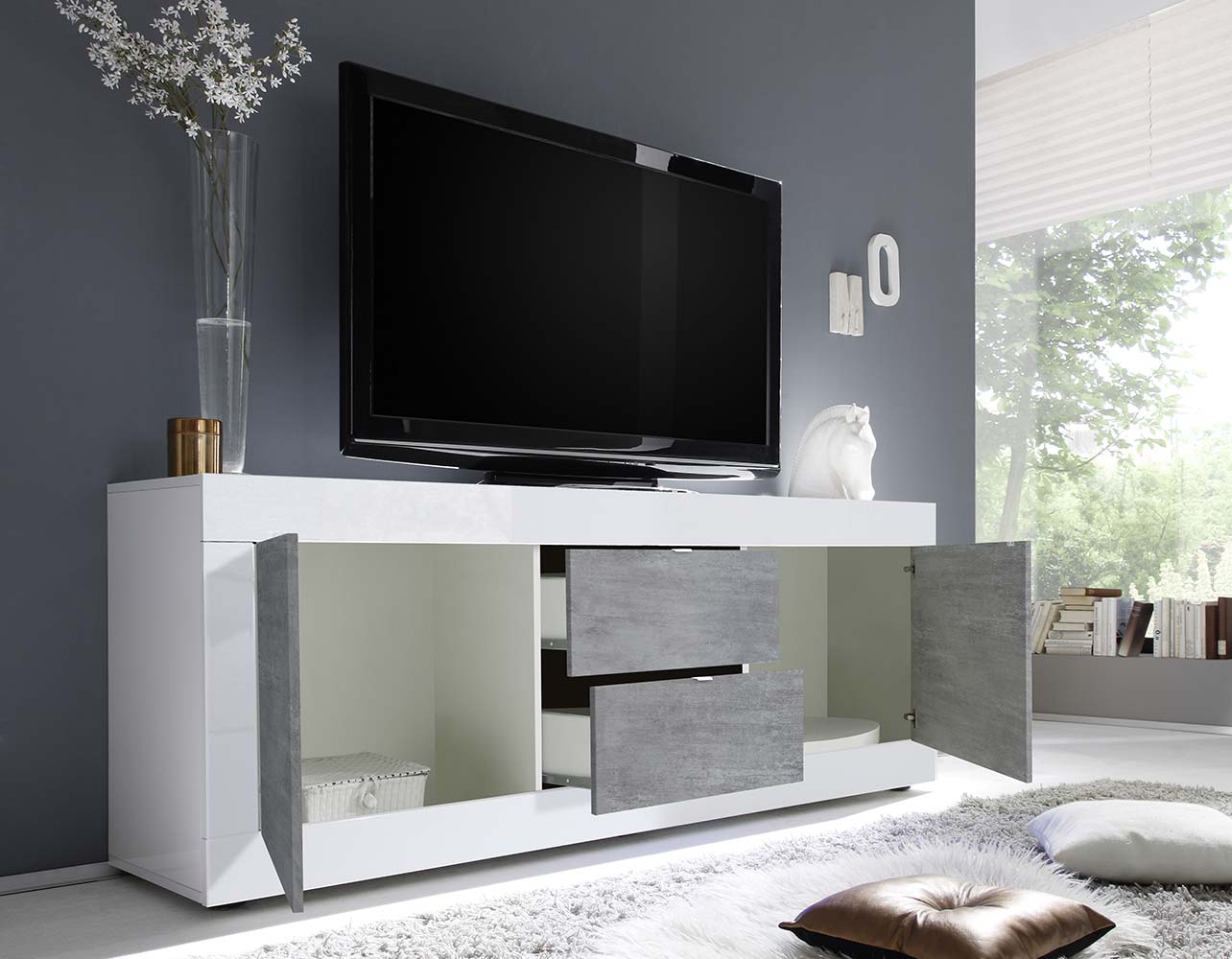 Madia bassa, Bianca Lucida e Cemento con 2 ante e 2 cassetti