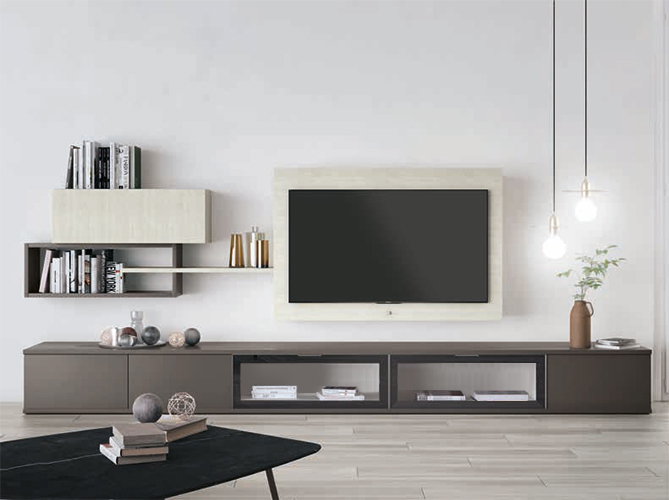 Parete attrezzata online con base tv e pensili, Grigio titanio e Rovere gesso