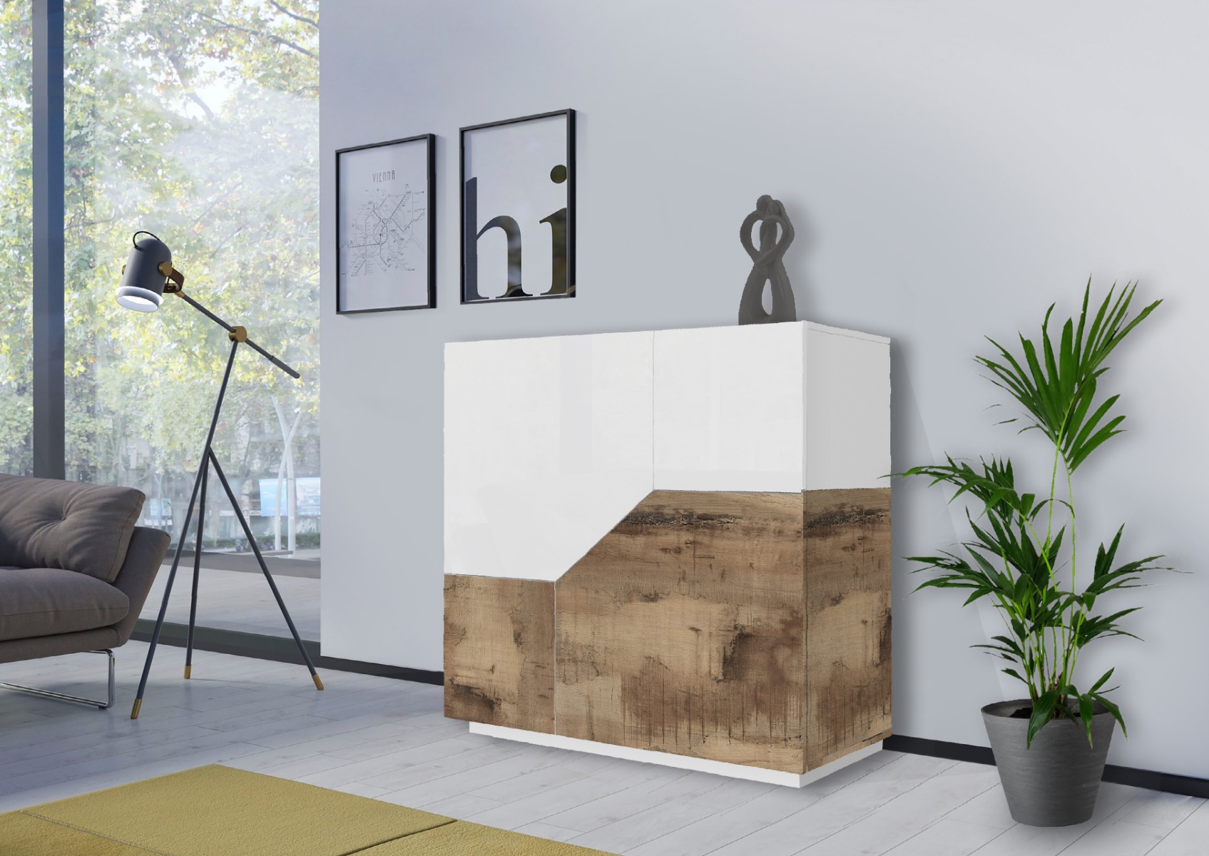 Innovativa Credenza geometrica alta 2 ante, colore Bianco lucido e Pero 